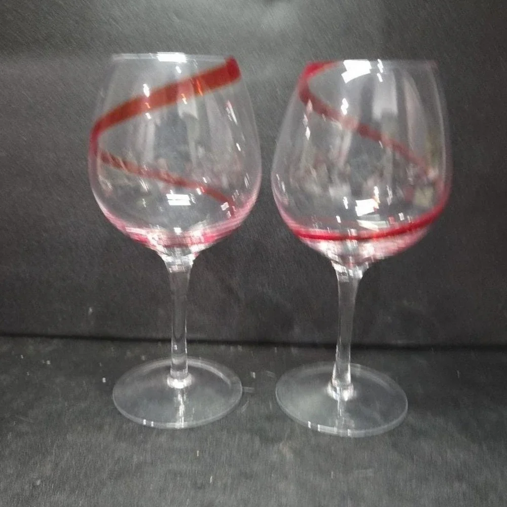 Pier 1 Red Swirline Balloon Wine Glasses, Set Of 2, Vintage Stemware Replacement